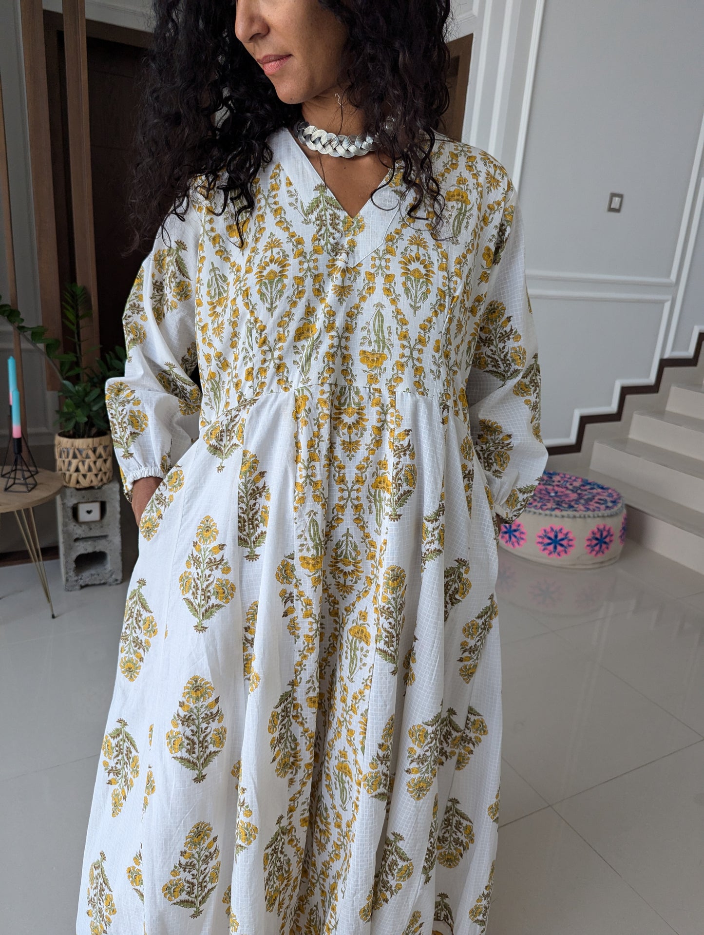 Mmaxi-cotton-dress-with-yellow-flower-design-printed-in-jaipuri-style-full-length-sleeves-and-ankle-length