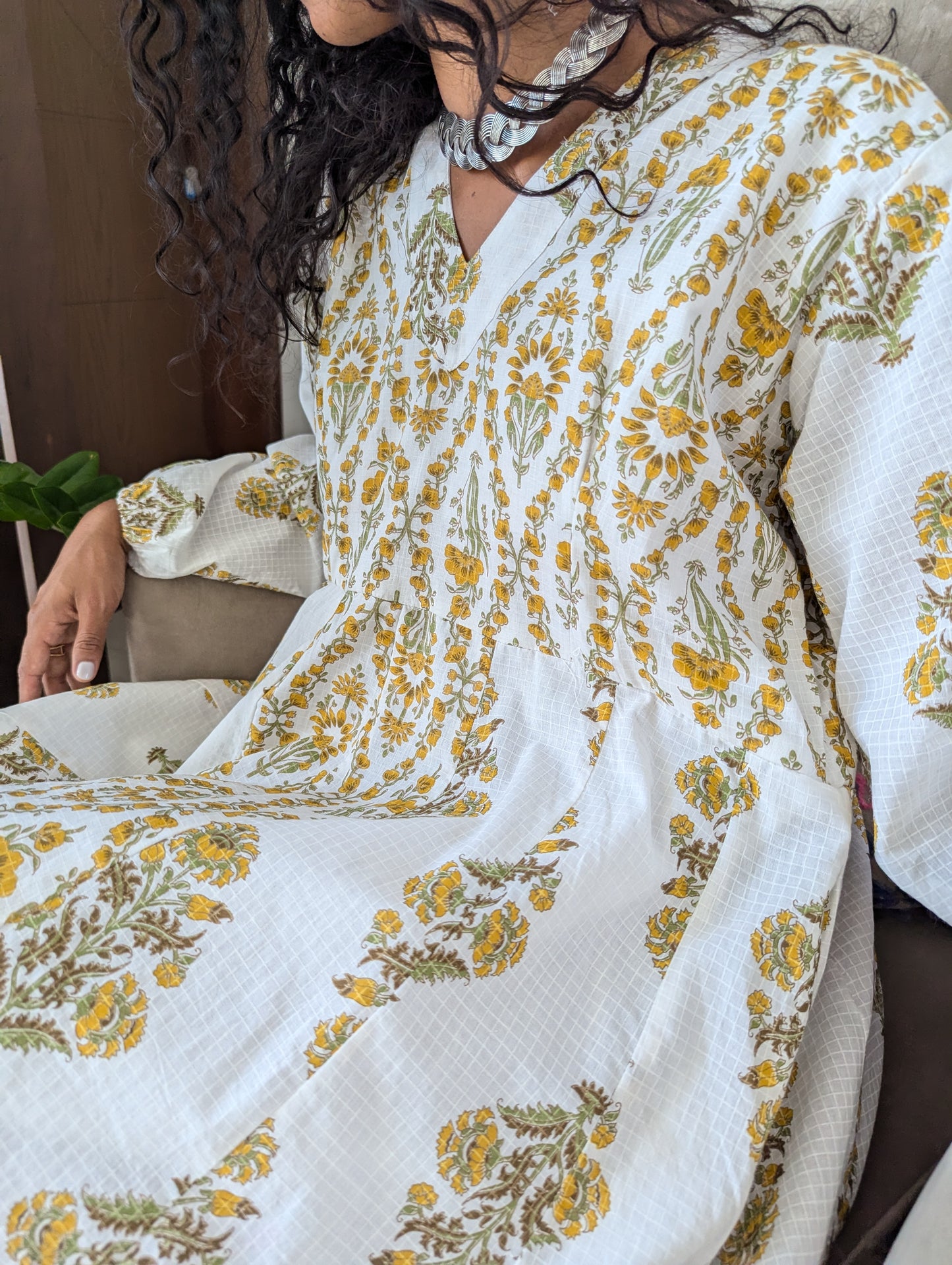 maxi-cotton-dress-with-yellow-flower-design-printed-in-jaipuri-style-full-length-sleeves-and-ankle-length