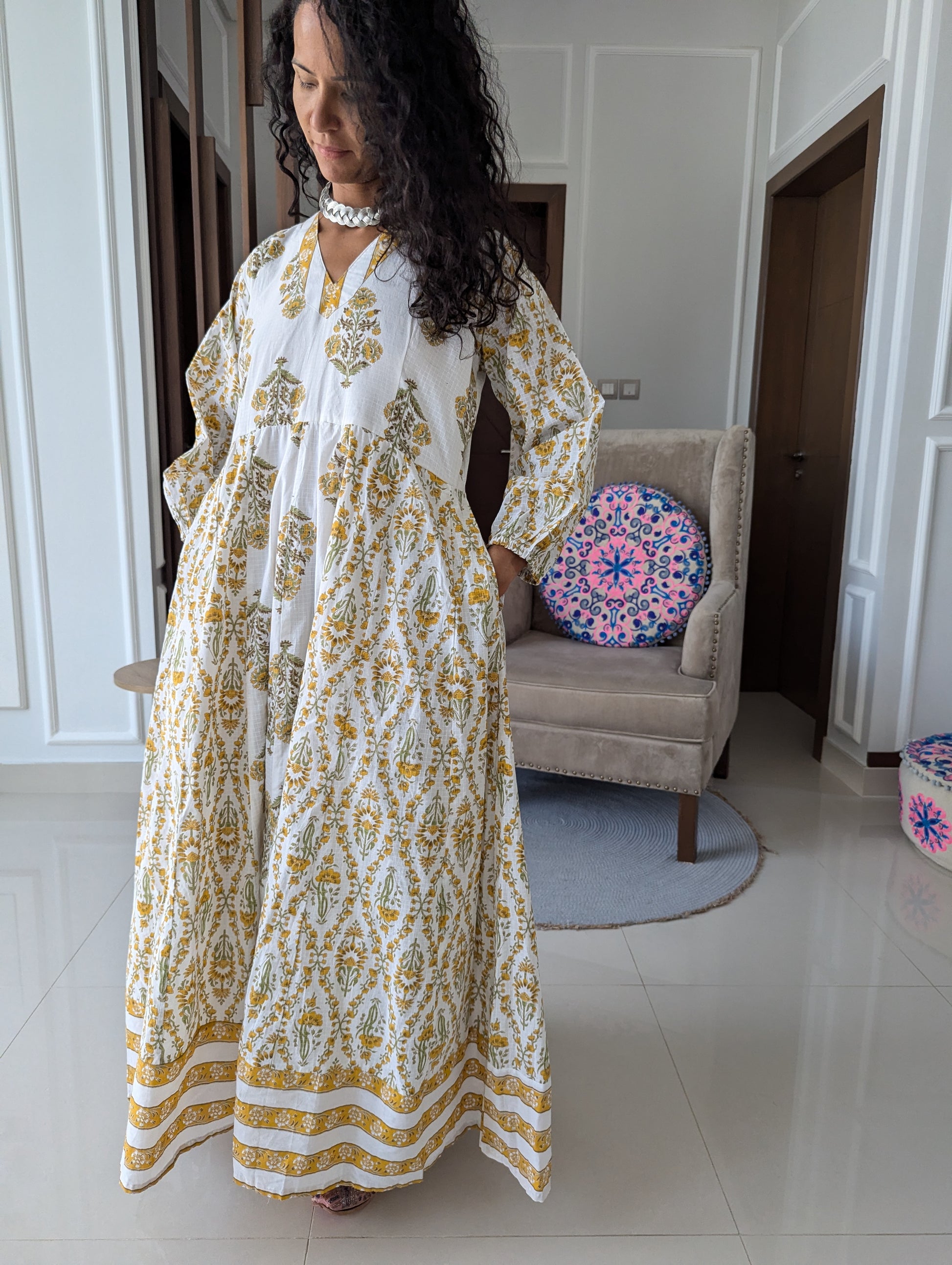 maxi-cotton-dress-with-yellow-flower-design-printed-in-jaipuri-style-full-length-sleeves-and-ankle-length