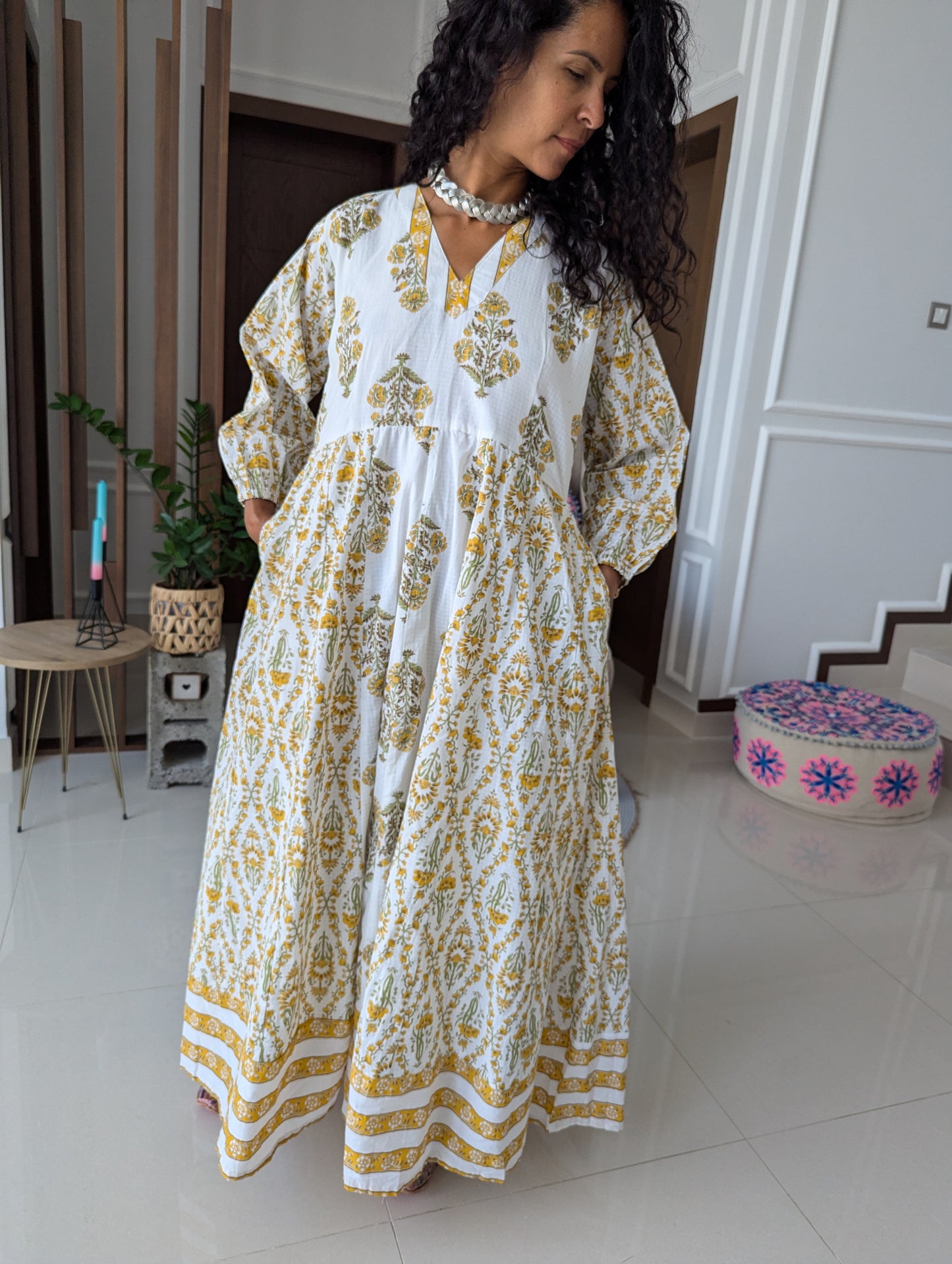 maxi-cotton-dress-with-yellow-flower-design-printed-in-jaipuri-style-full-length-sleeves-and-ankle-length