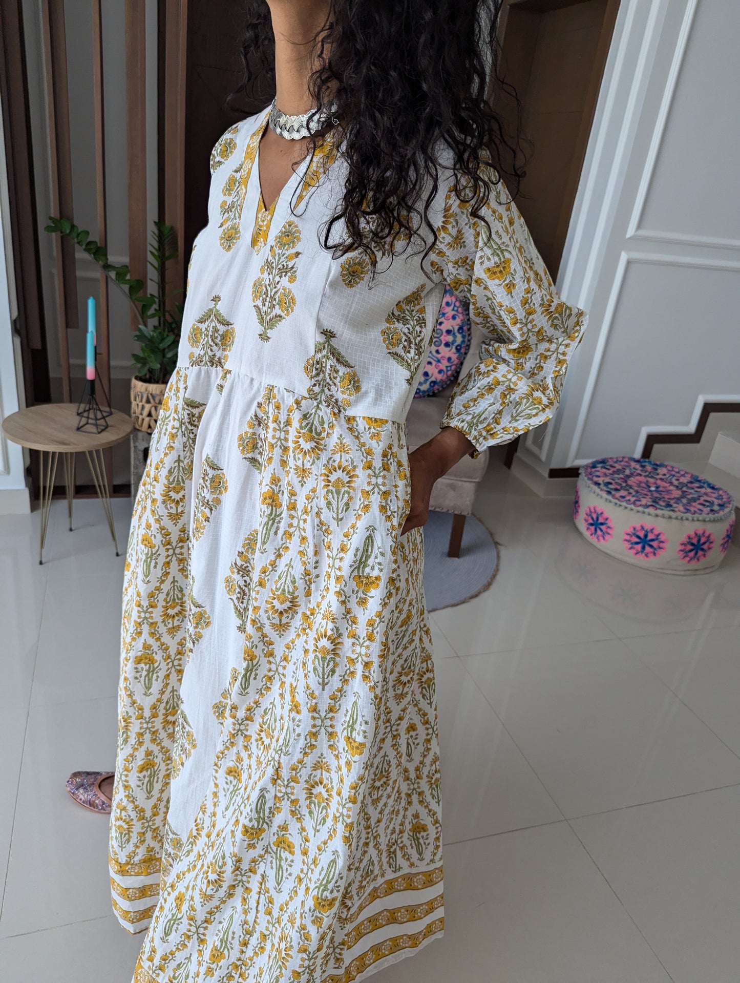 maxi-cotton-dress-with-yellow-flower-design-printed-in-jaipuri-style-full-length-sleeves-and-ankle-length