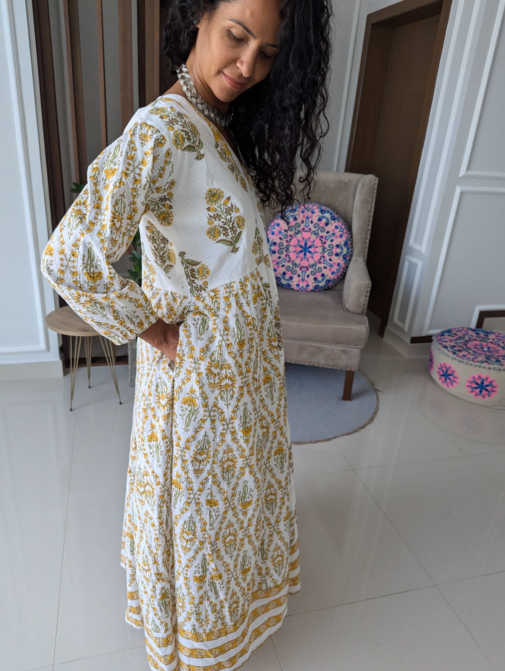 maxi-cotton-dress-with-yellow-flower-design-printed-in-jaipuri-style-full-length-sleeves-and-ankle-length