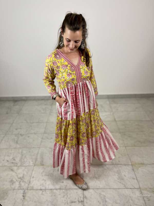 Yellow and pink floral hand block printed maxi dress made from cotton and inspired by Indian contemporary fashion