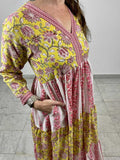 Yellow and pink floral hand block printed maxi dress made from cotton and inspired by Indian contemporary fashion