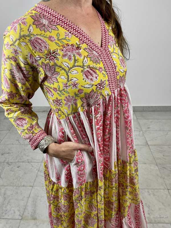 Yellow and pink floral hand block printed maxi dress made from cotton and inspired by Indian contemporary fashion