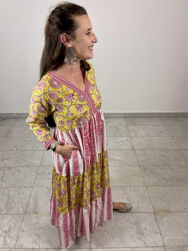 Yellow and pink floral hand block printed maxi dress made from cotton and inspired by Indian contemporary fashion