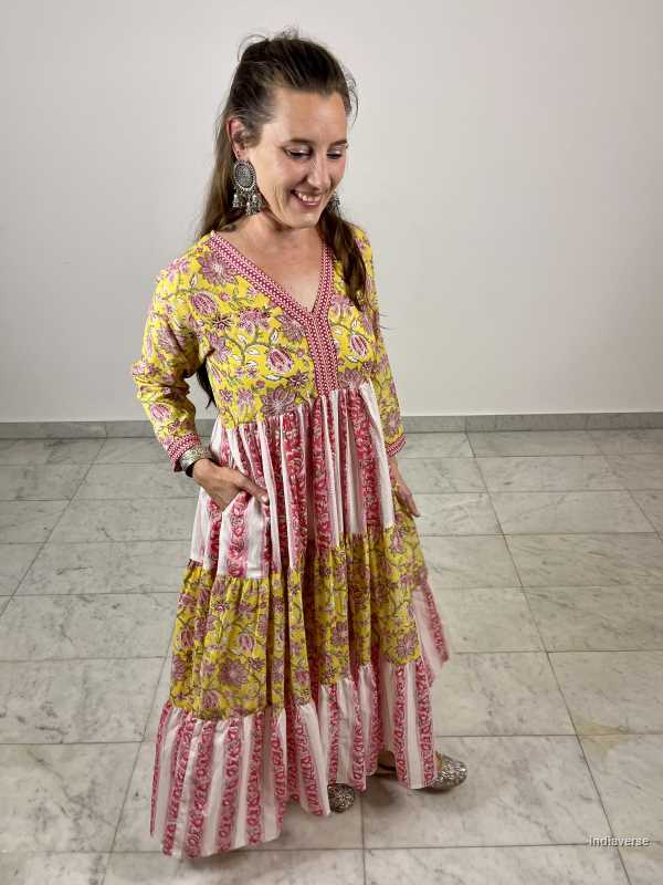 Yellow and pink floral hand block printed maxi dress made from cotton and inspired by Indian contemporary fashion