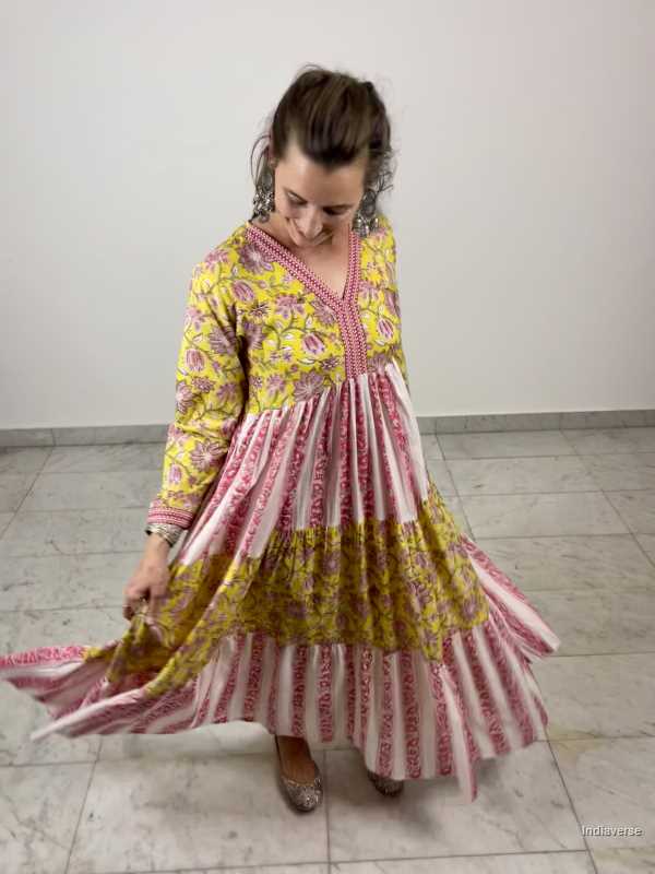Yellow and pink floral hand block printed maxi dress made from cotton and inspired by Indian contemporary fashion