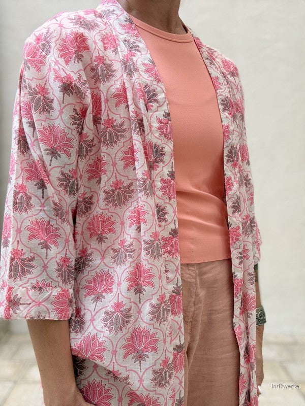 close up of a woman wearing a midi size kimono with pink lotus print