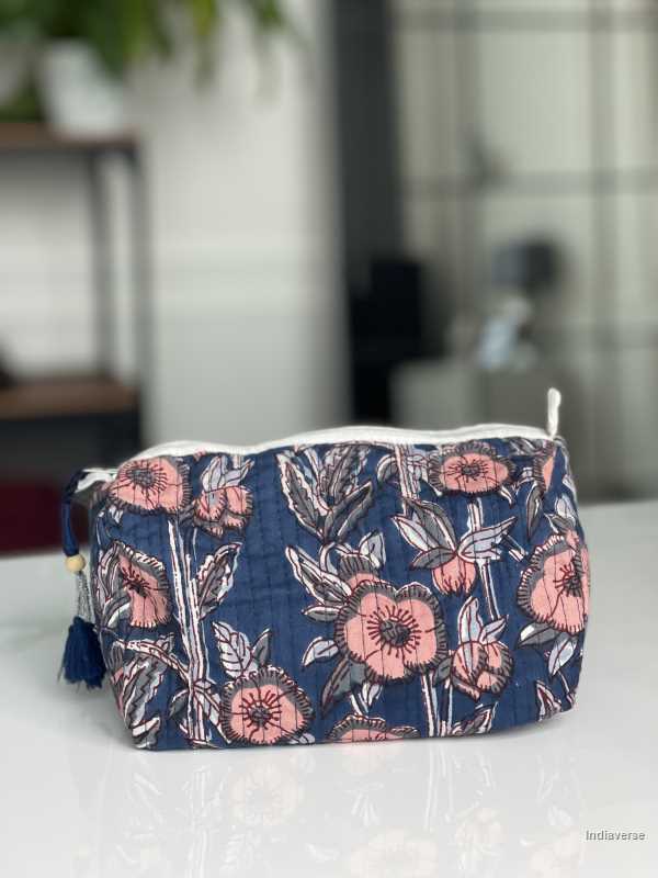 Blue pink hand block printed small size toiletry bag for all your travel essentials, leak-proof and washable perfect to gift | Midnight Poppy