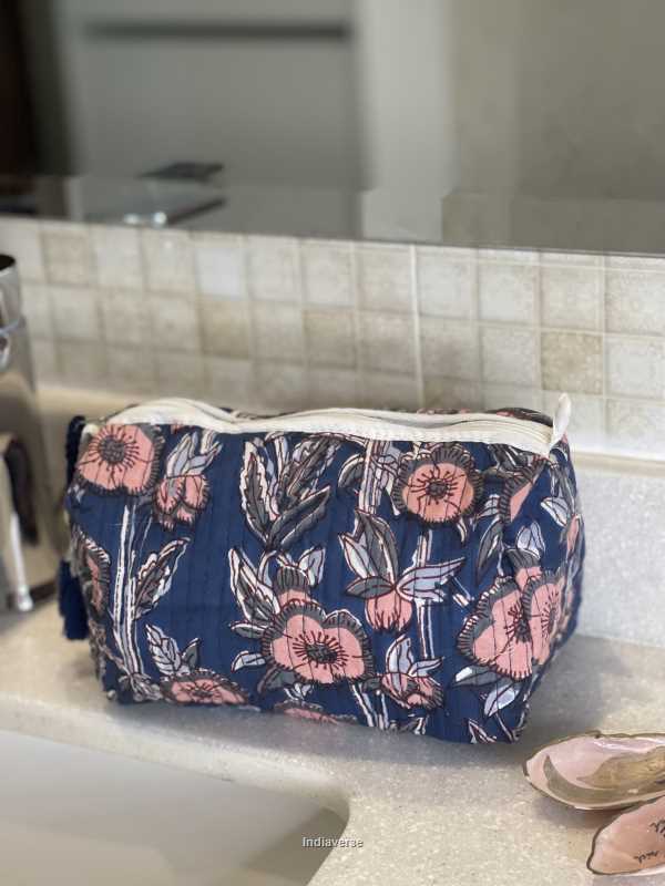 Rose blue floral hand block printed medium size toiletry bag for all your travel essentials, leak-proof and washable perfect to gift. | Midnight Poppy