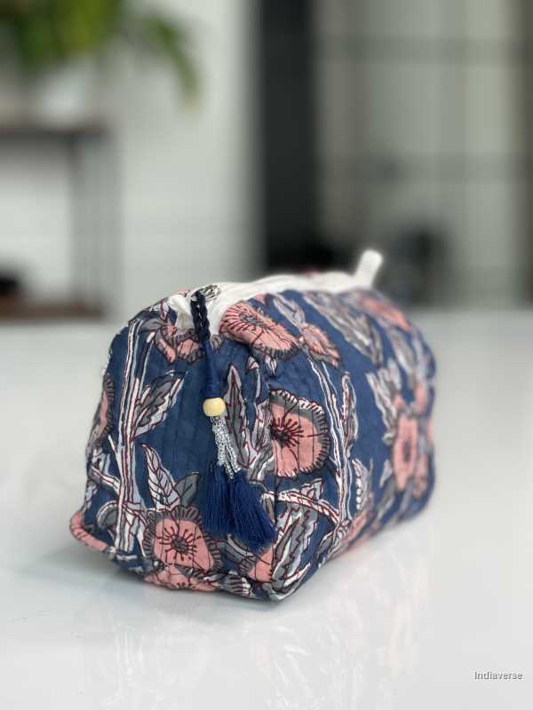 Rose blue floral hand block printed medium size toiletry bag for all your travel essentials, leak-proof and washable perfect to gift. | Midnight Poppy