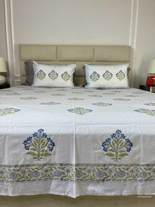 Included in the blue purple bedding set a flat sheet and two pillowcases in pure cotton and hand block print