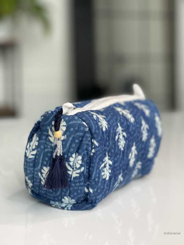 Blue hand block printed small size toiletry bag for all your travel essentials, leak-proof and washable, perfect to gift | Ocean Flowers