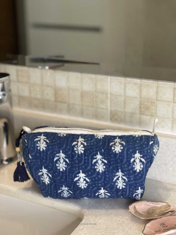 Blue hand block printed small size toiletry bag for all your travel essentials, leak-proof and washable, perfect to gift | Ocean Flowers