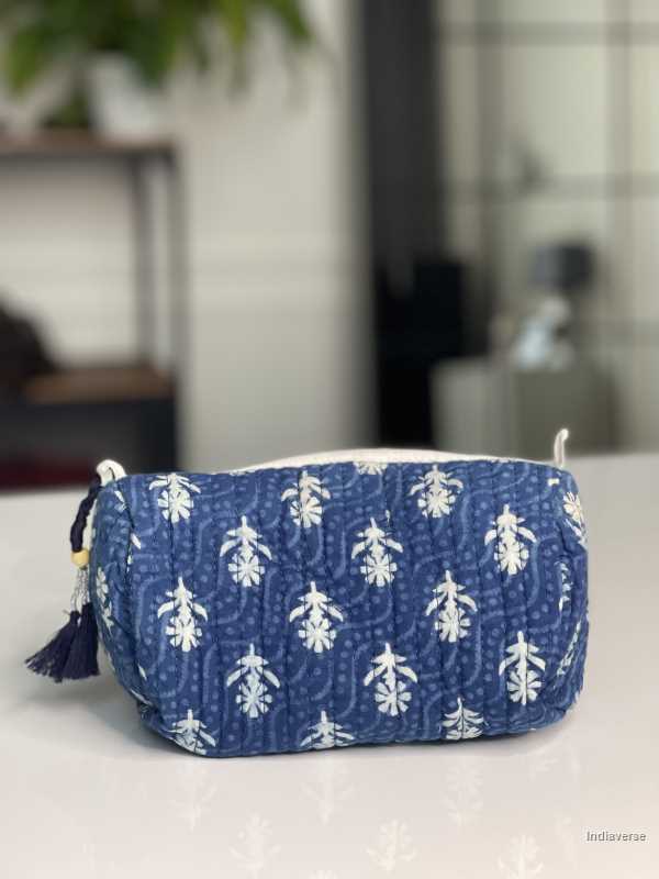 Blue hand block printed small size toiletry bag for all your travel essentials, leak-proof and washable, perfect to gift | Ocean Flowers