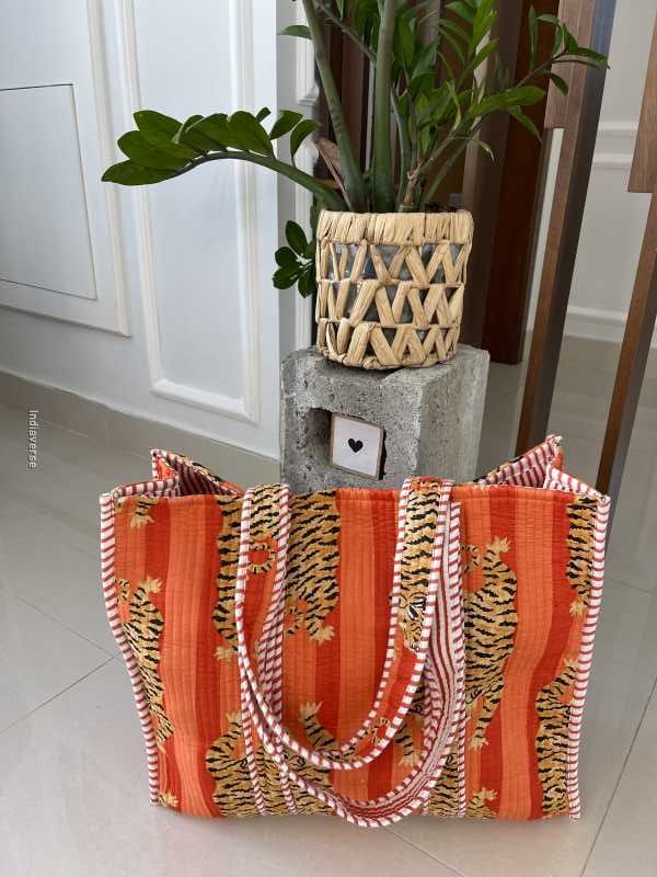 Orange handmade quilted pure cotton Tote Bag with one inside pocket for keys and small items in Tiger Optic