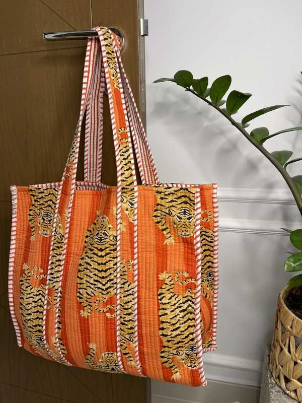 Orange handmade quilted pure cotton Tote Bag with one inside pocket for keys and small items in Tiger Optic