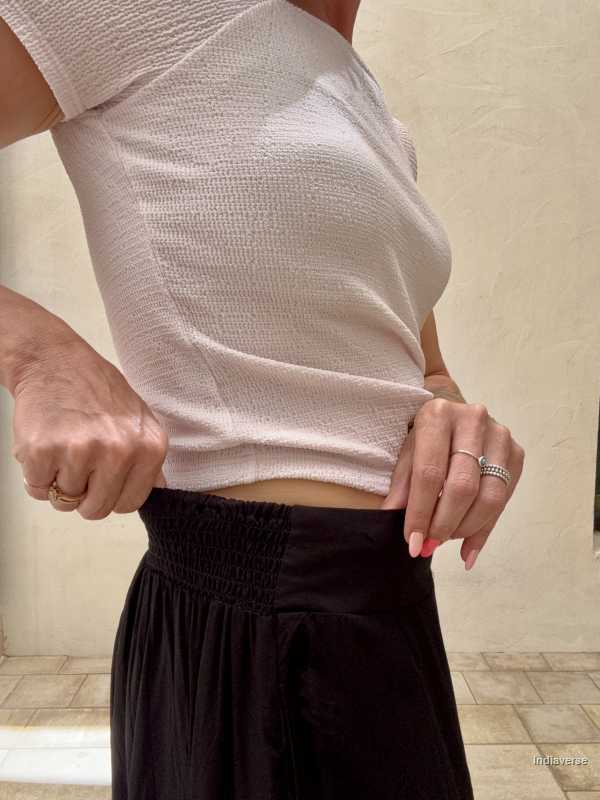 close up of elastic waist band of black pants