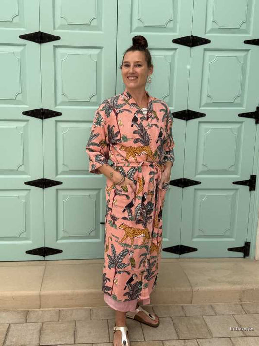 Model is wearing the Peach Jungle Waffle Cotton Bathrobe a lightweight, breathable robe made from pure cotton. Quick-dry, soft, and perfect for daily use or spa days.