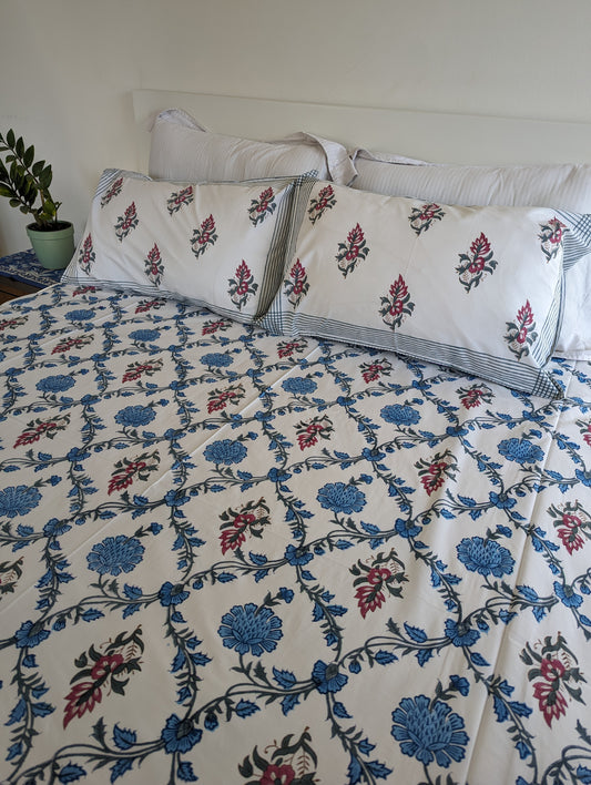 Percale Sheet Set Royal Blue handblock printed and crafted includes flat sheet with 2 matching pillowcases in pure cotton