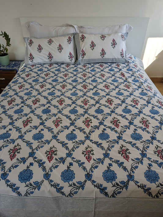 Percale Sheet Set Royal Blue handblock printed and crafted includes flat sheet with 2 matching pillowcases in pure cotton