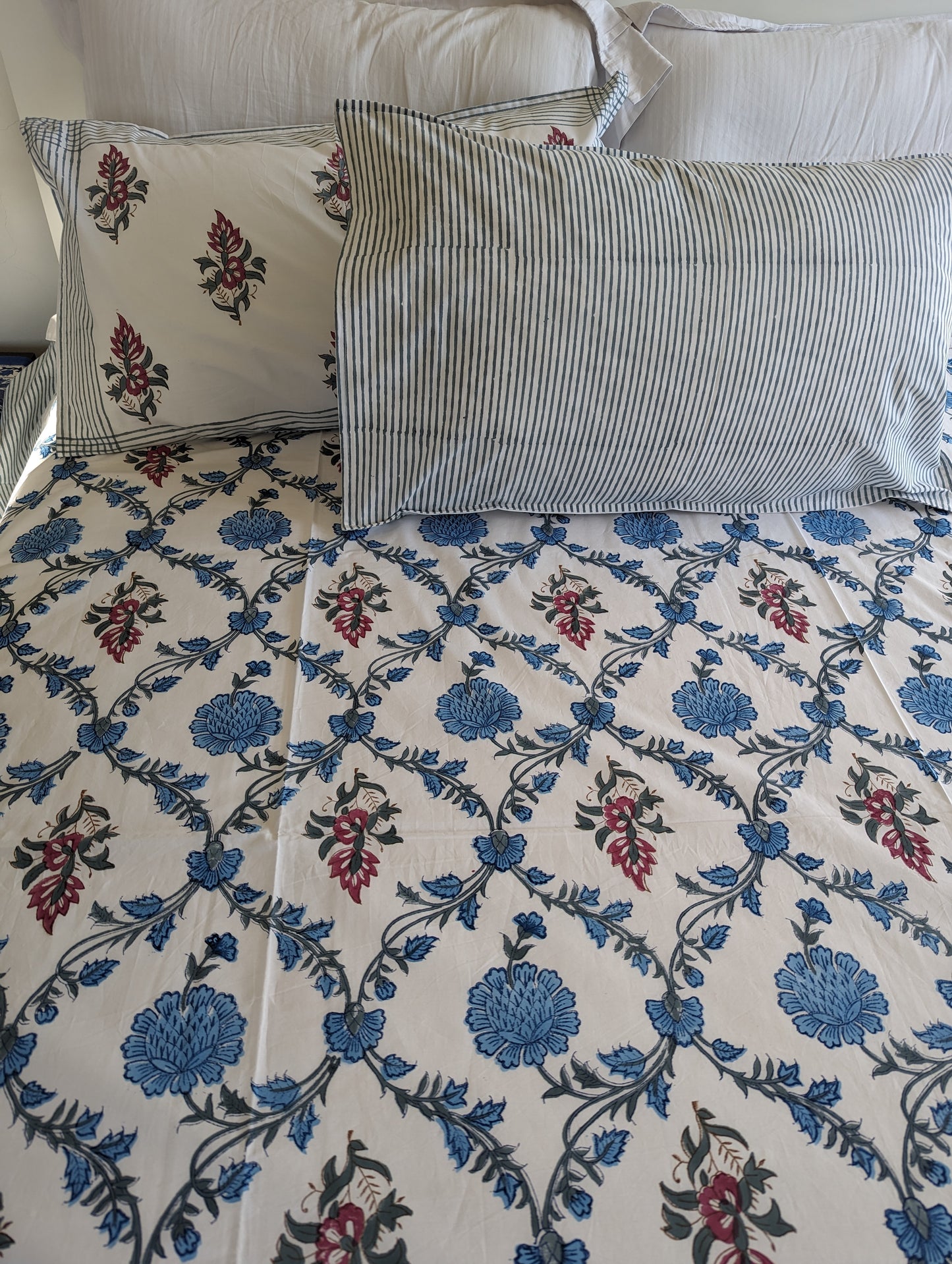Percale Sheet Set Royal Blue handblock printed and crafted includes flat sheet with 2 matching pillowcases in pure cotton