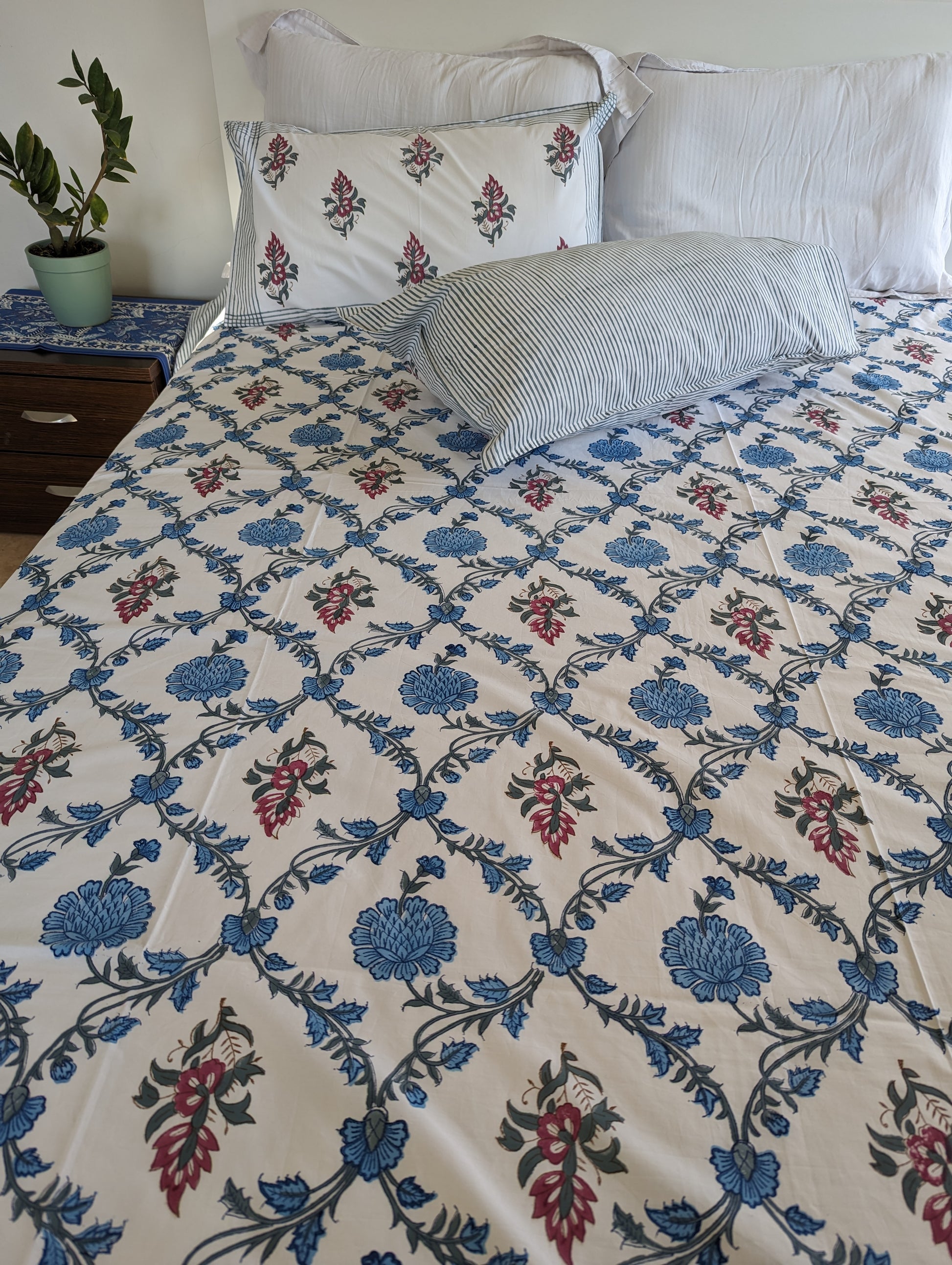Percale Sheet Set Royal Blue handblock printed and crafted includes flat sheet with 2 matching pillowcases in pure cotton