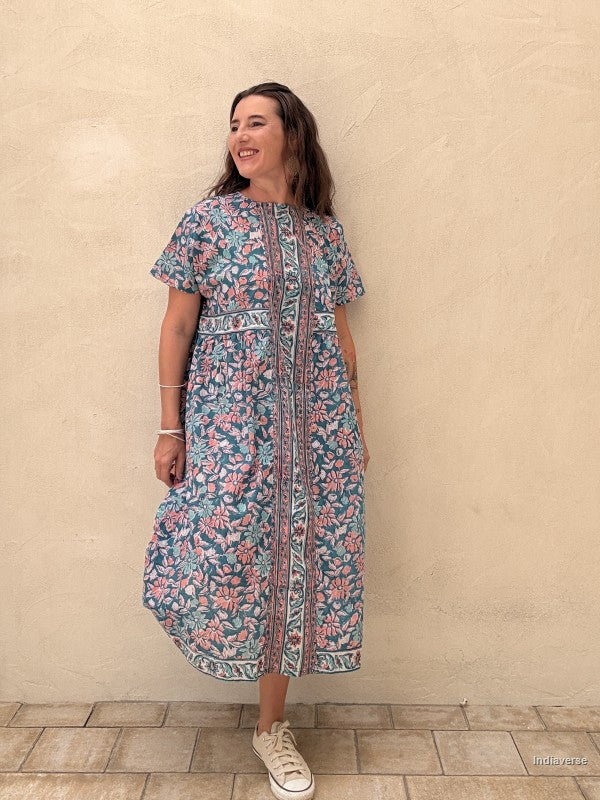 Kaftan Midi Dress - Turquoise Floral Maxi