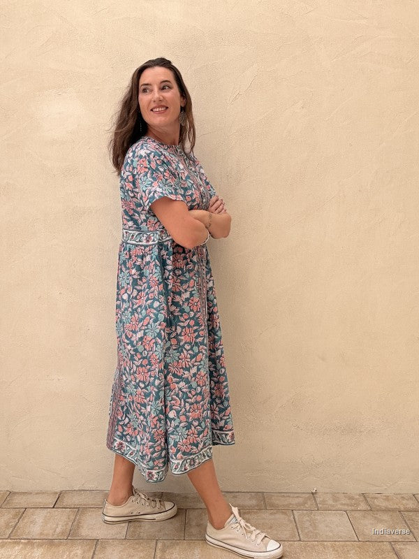 Kaftan Midi Dress - Turquoise Floral Maxi