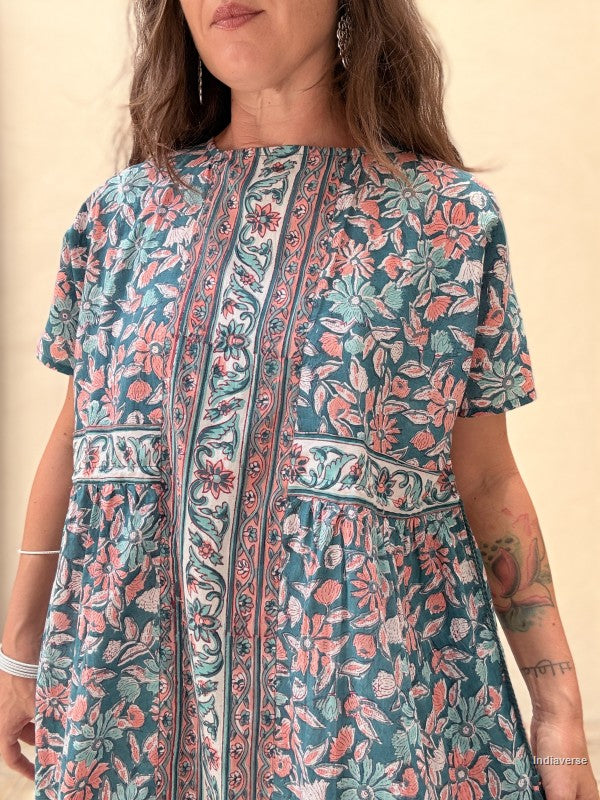 Kaftan Midi Dress - Turquoise Floral Maxi