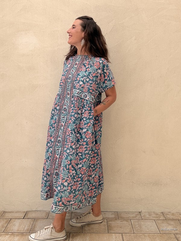 Kaftan Midi Dress - Turquoise Floral Maxi
