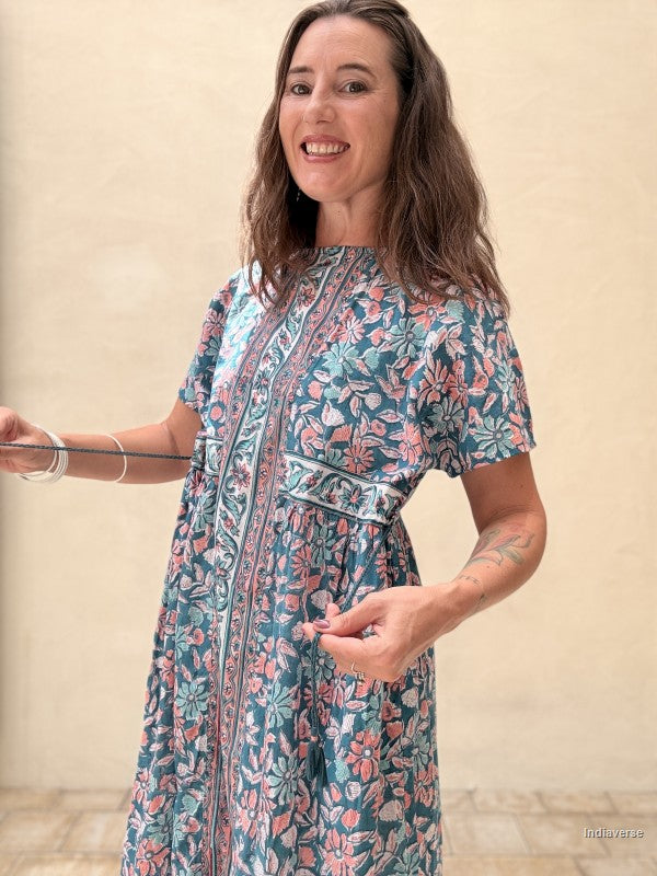 Kaftan Midi Dress - Turquoise Floral Maxi