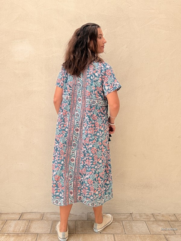 Kaftan Midi Dress - Turquoise Floral Maxi
