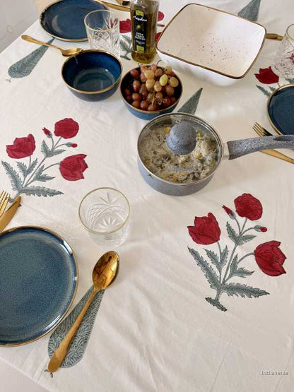 Red Flower – Hand Block Printed Cotton Tablecloth