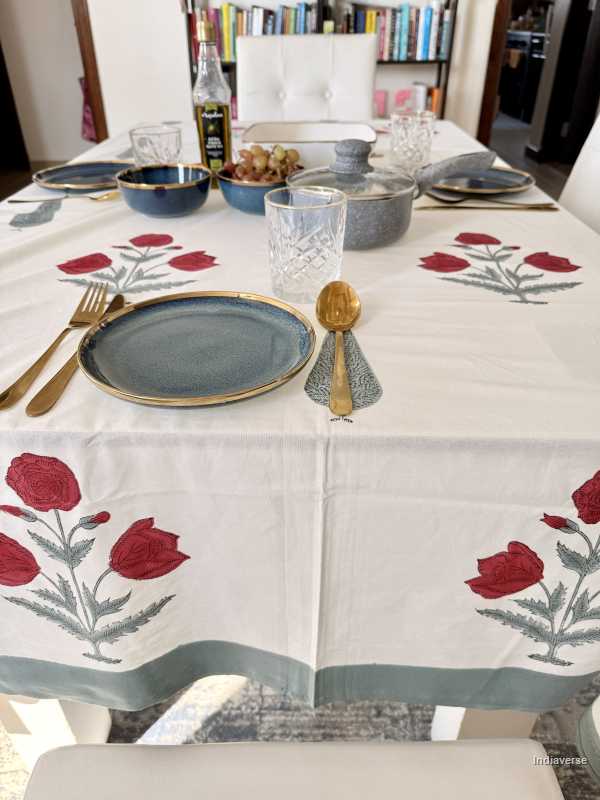 Red Flower – Hand Block Printed Cotton Tablecloth
