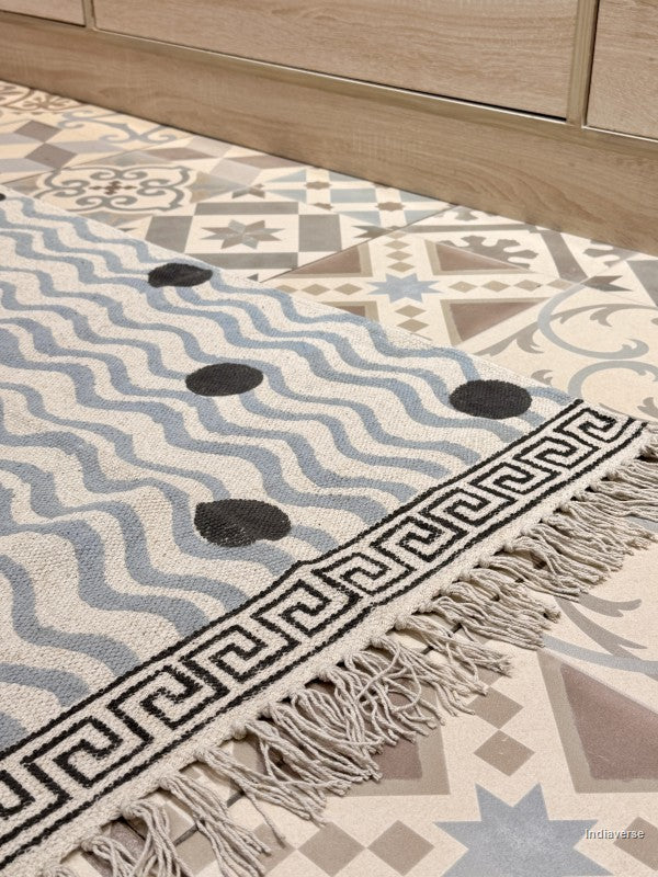 Hand Block Printed Cotton Rug - Water Spring
