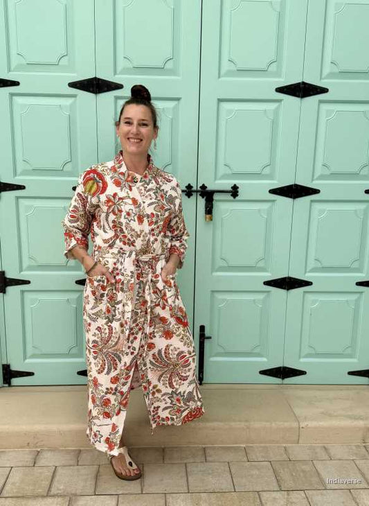 Floral White Waffle Cotton Bathrobe – Elegant, Lightweight Spa Robe