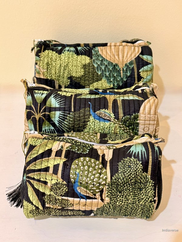 Pouch sets of toiletry bags with peacock in tropical garden motif | Mughal Garden