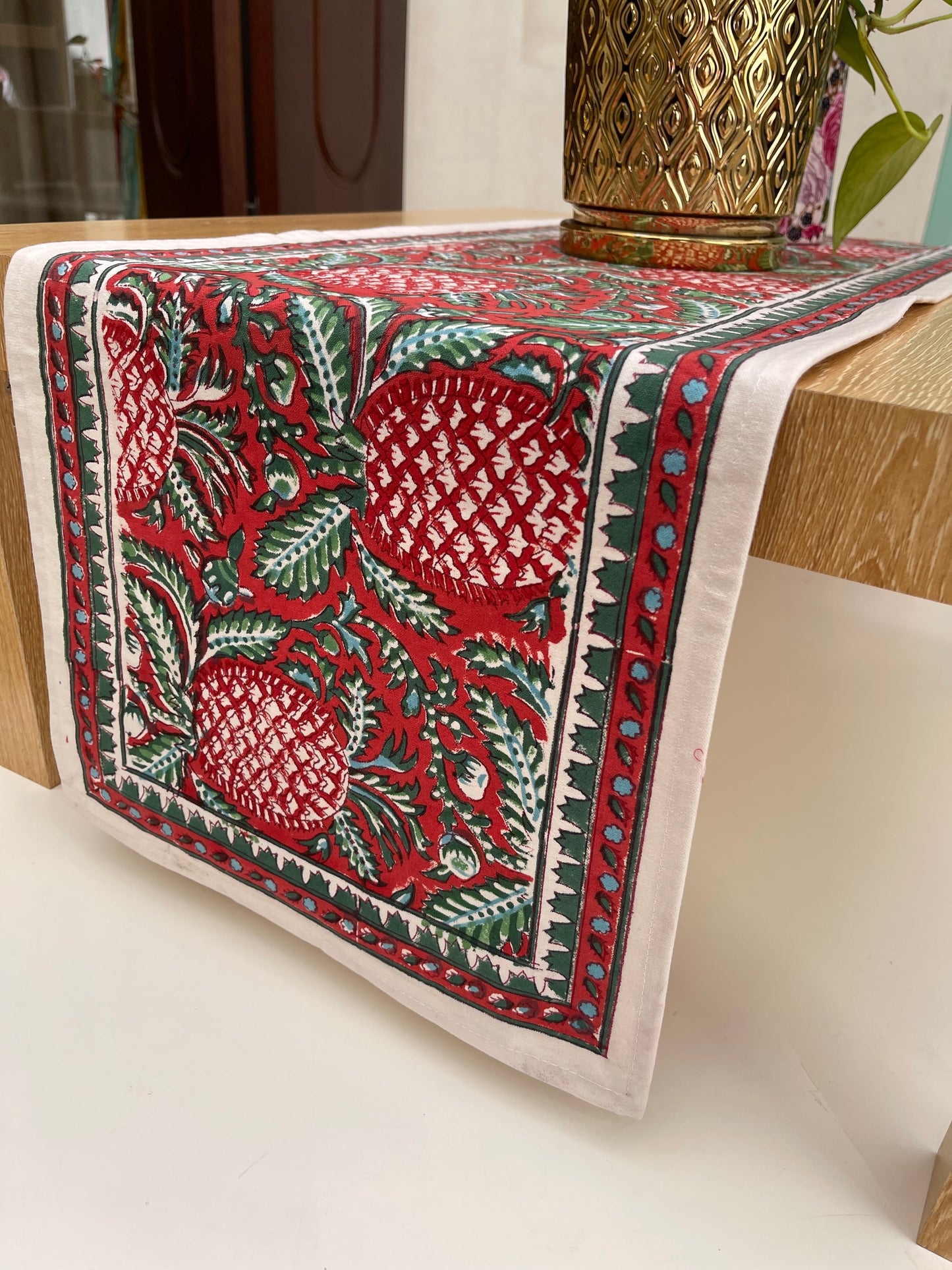 Red green hand block printed table runner Pineapple in cotton canvas 