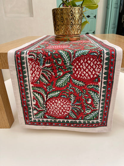 Red green hand block printed table runner Pineapple in cotton canvas 