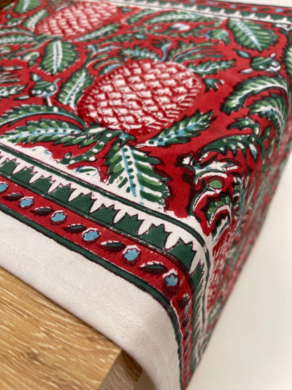 Red green hand block printed table runner Pineapple in cotton canvas 