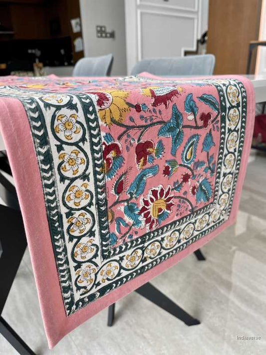 pink floral hand block printed table runner in cotton canvas 