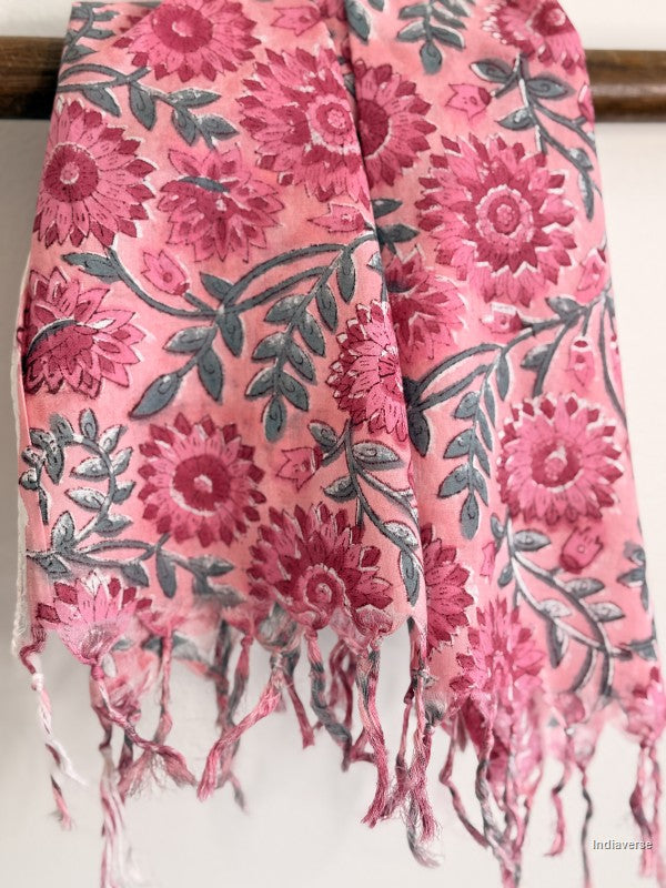 close up of pink cotton scarf with pink flower design
