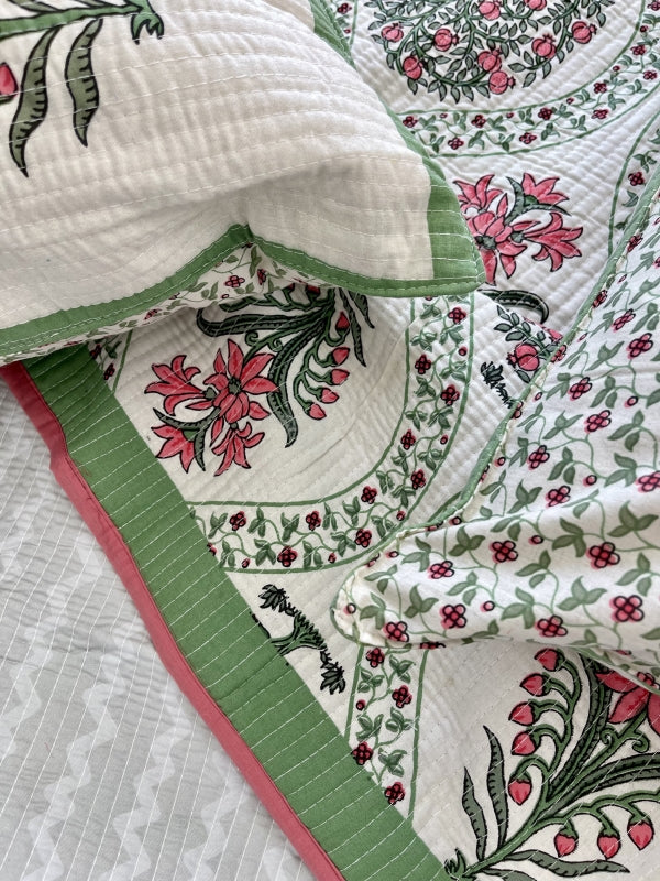 Pink Green Rajasthani Comforter for queen and king size beds in pure cotton with 2 matching quilted pillow cases