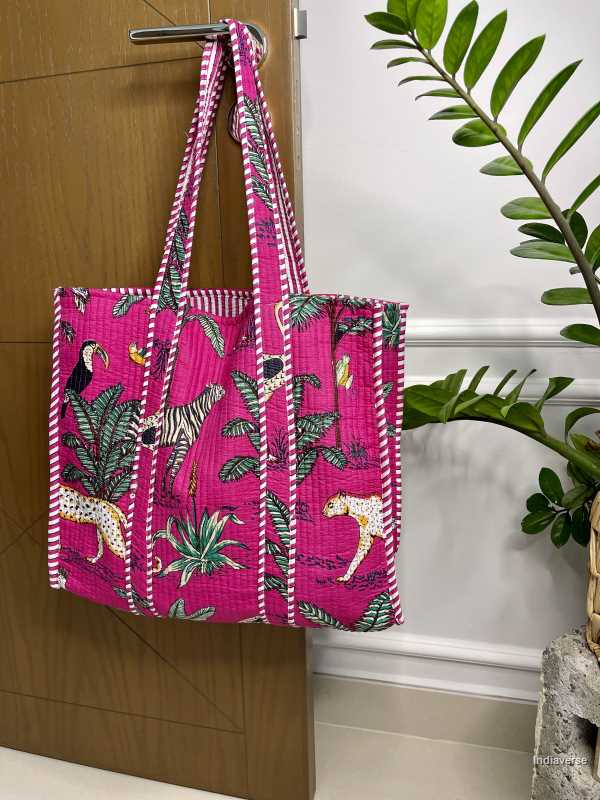 Pink  handmade quilted pure cotton Tote Bag in Jungle look with one inside pocket for keys and small items 