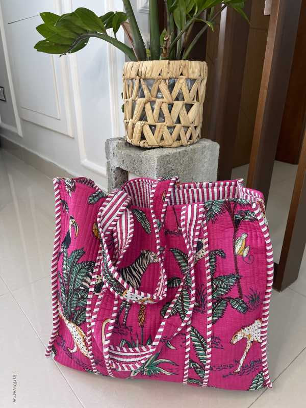 Pink  handmade quilted pure cotton Tote Bag in Jungle look with one inside pocket for keys and small items 