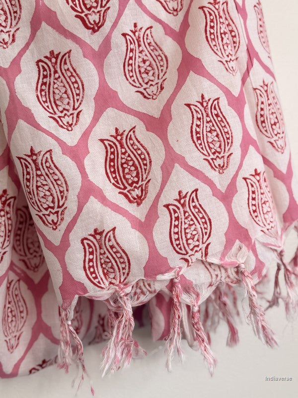 Close up of cotton scarf with pink lotus design