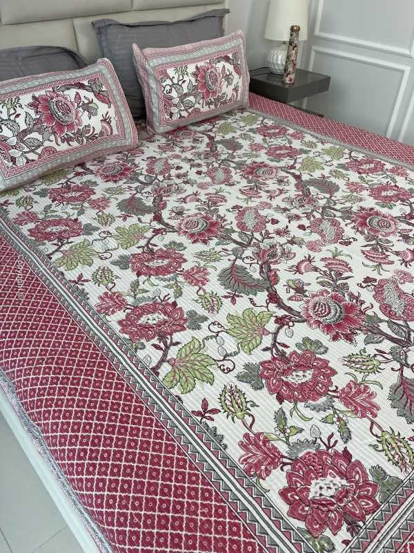 Grey Pink  Rajasthani Comforter for queen and king size beds in pure cotton with 2 matching quilted pillow cases