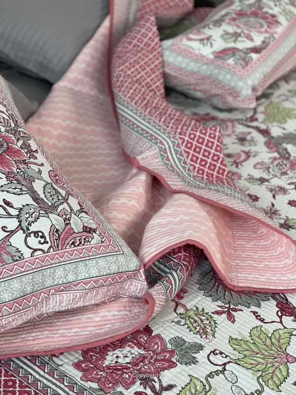 Grey Pink  Rajasthani Comforter for queen and king size beds in pure cotton with 2 matching quilted pillow cases